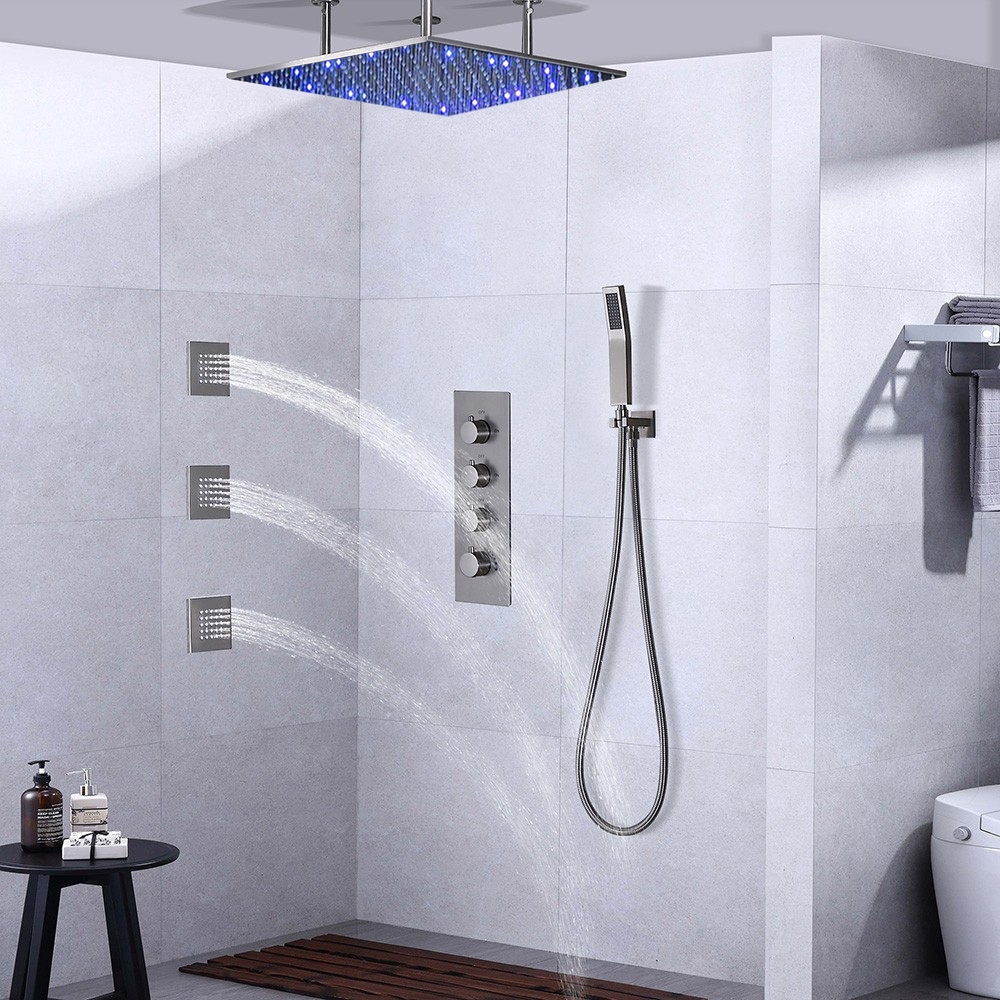 BathSelect Ceiling LED Shower Set Thermostatic Valve Brushed Nickel Wall Mount with Jets Spray & Handshower